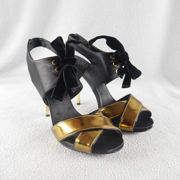 Tory Burch "Kyle" Lace-Up Open Toe Sandal Black/Gold New $475 Wom 9 M s-9247 - Picture 2 of 10